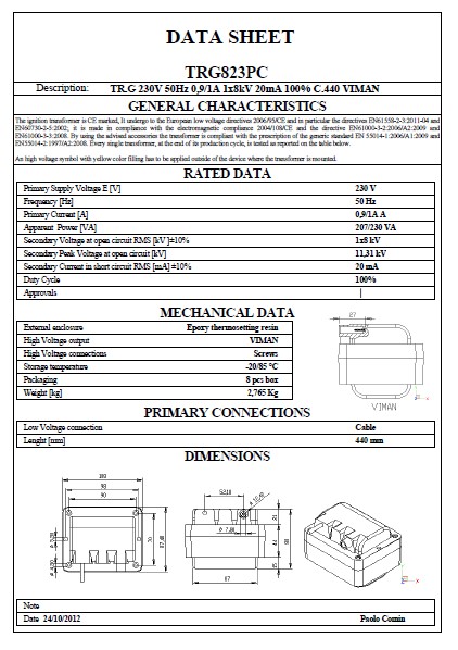Техническое описание трансформатора розжига Cofi TRG823PC