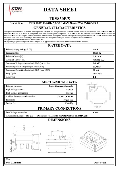 Техническое описание трансформатора розжига Cofi TRS830P/5